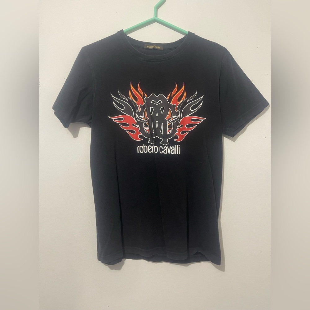 Roberto Cavalli Black Tee with Fiery Graphic